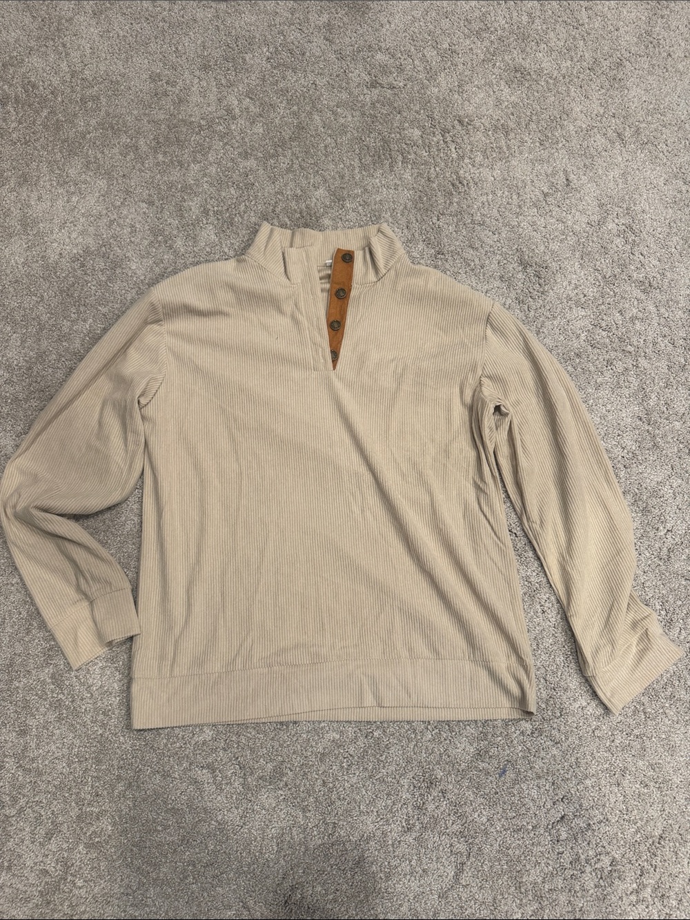 Beige Henley Pullover with Brown Elbow Patch